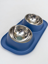 Двойная миска с металлическими чашками голубая